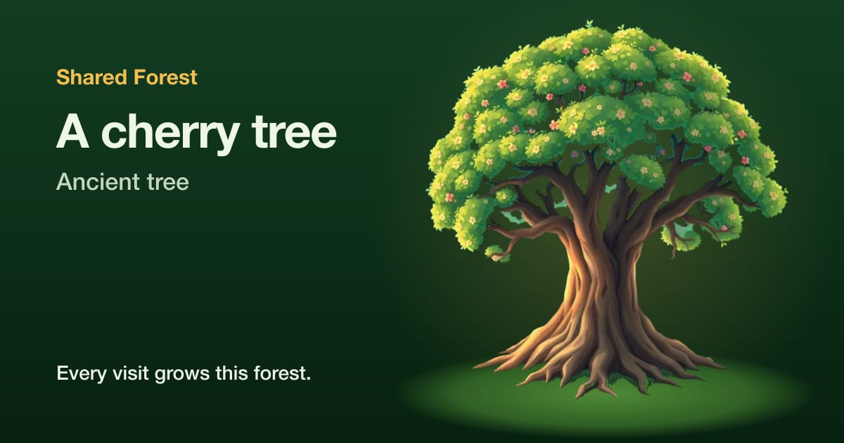 An illustrated cherry tree, ancient tree, with the name Shared Forest