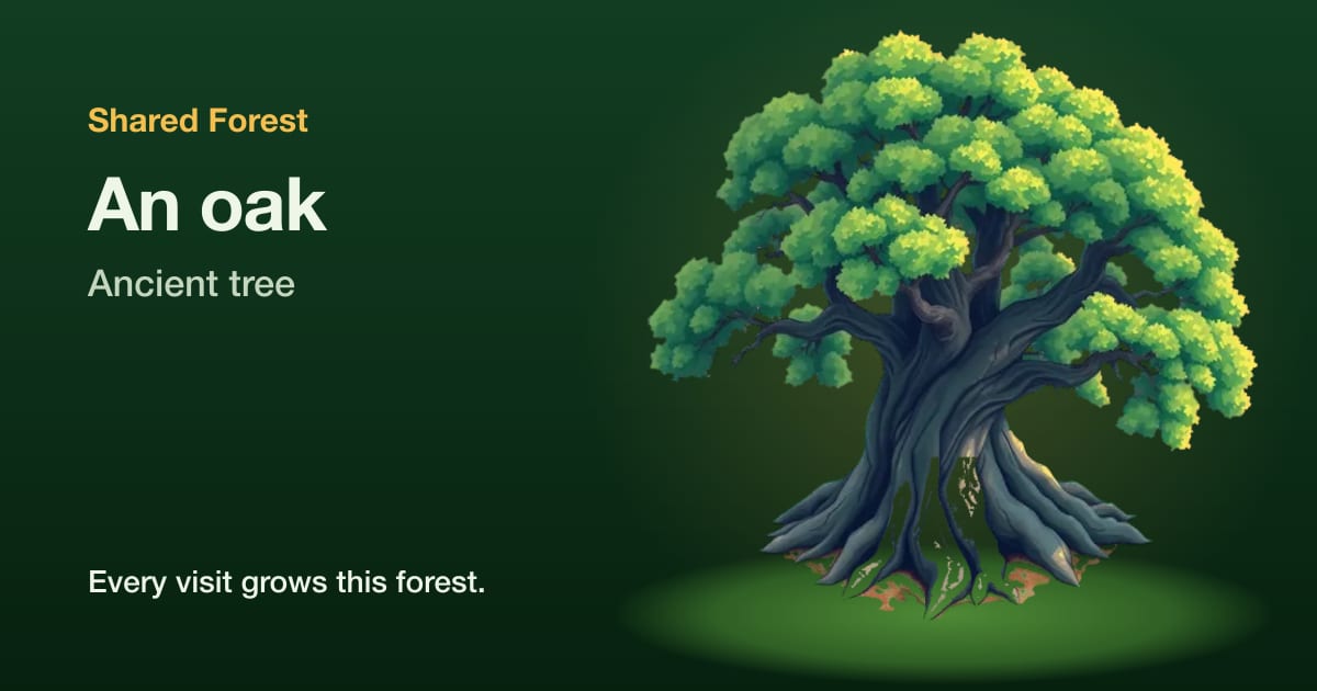 An illustrated oak, ancient tree, with the name Shared Forest